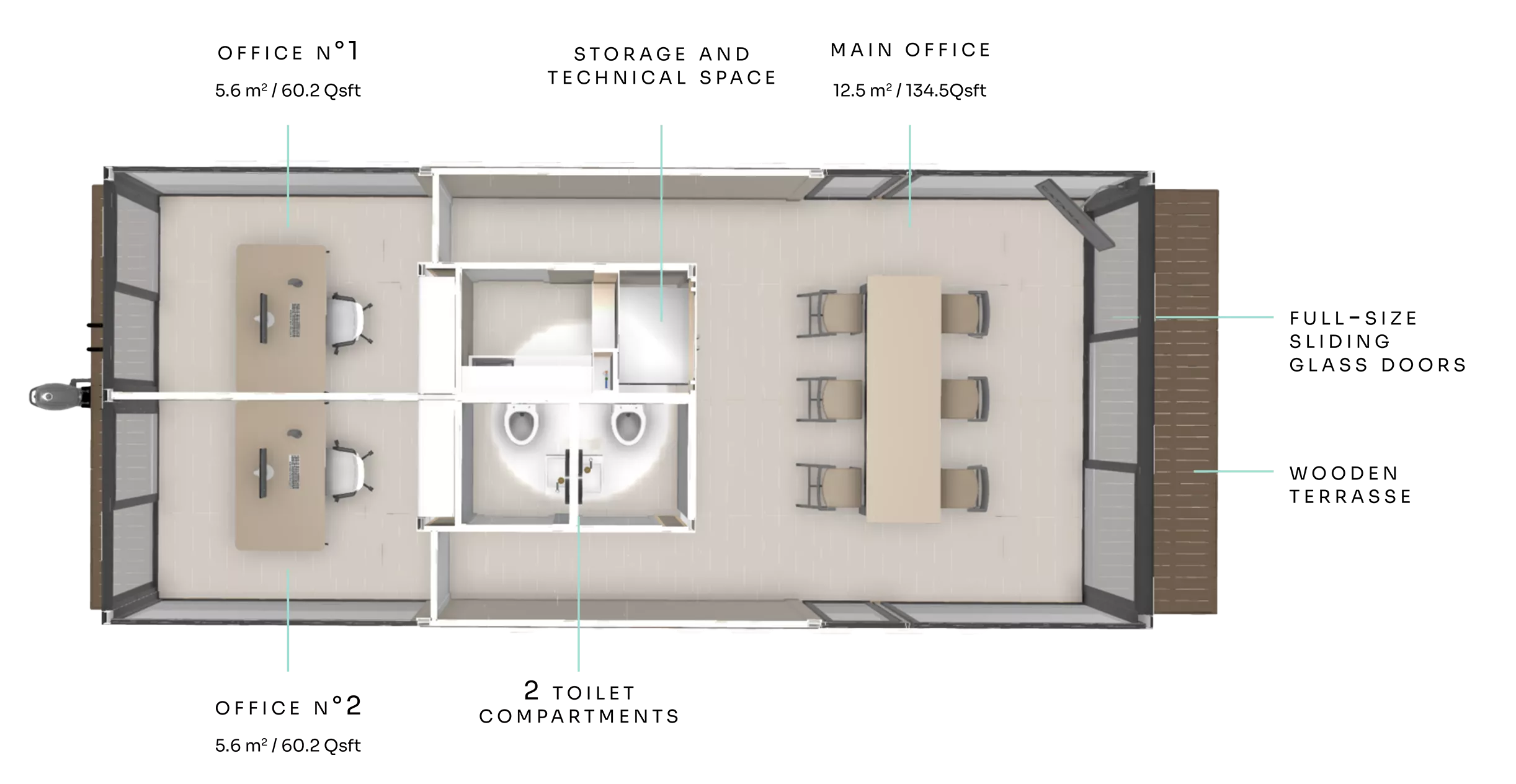 Top view architectural floor plan of a floating office with room layout, measurements and deck areas